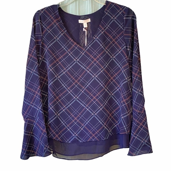 LC Lauren Conrad Tops - LC Lauren Conrad Bell Sleeve Blouse NWT Blue Plaid Lace Small